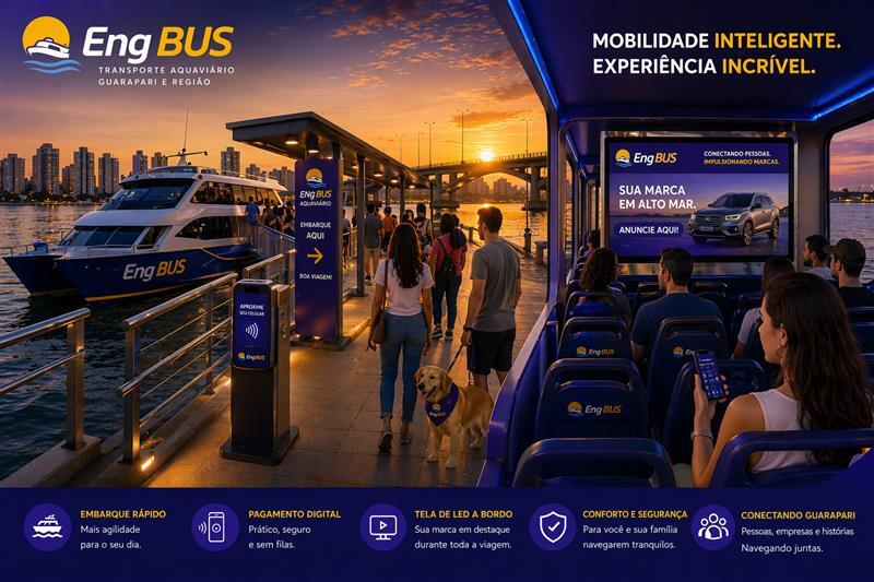 Mockup do app EngBUS exibindo rota, horários em tempo real e pagamento NFC