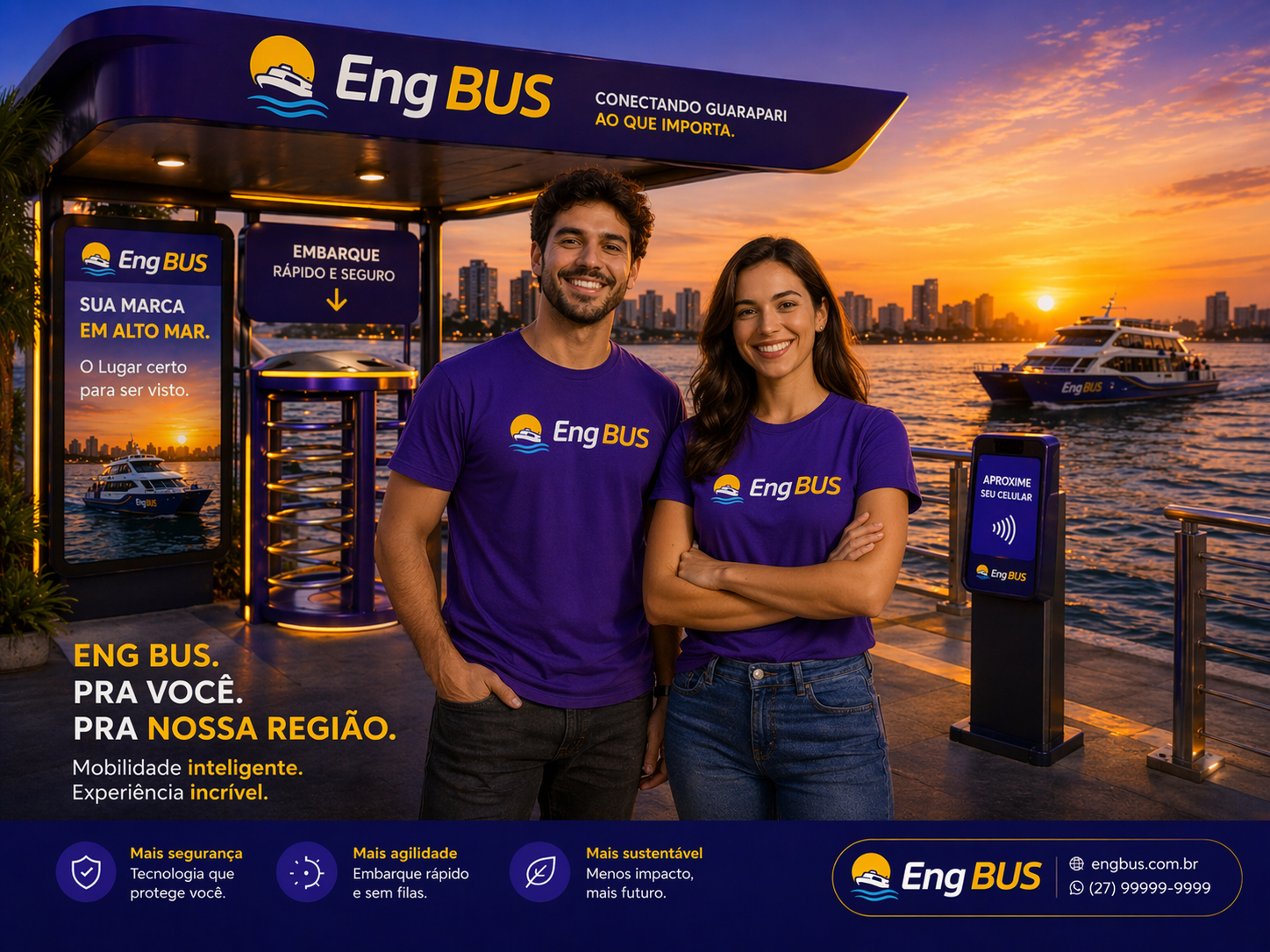 Embarcação tecnológica do EngBUS navegando pela costa de Guarapari ao entardecer